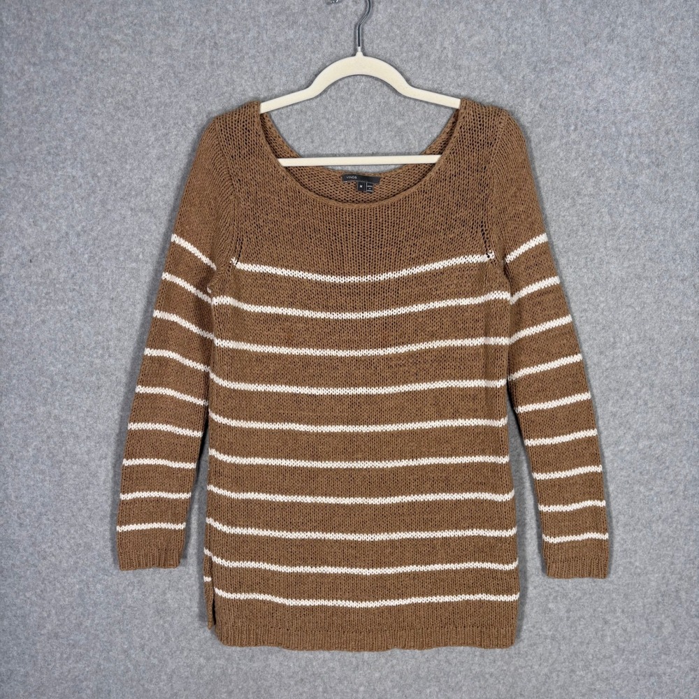 Vince Striped Open Knit Sweater Medium Brown White Beachy‎ Tunic Neutral Minimal